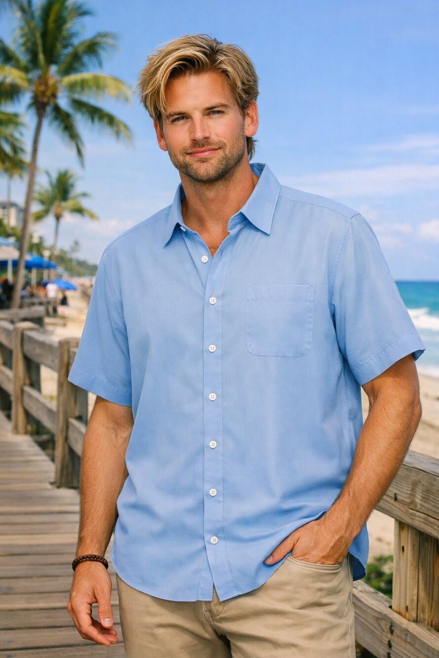 Nat Nast Mens Medium Blue Short Sleeve Rayon Blend Camp Collar Button Down Shirt
